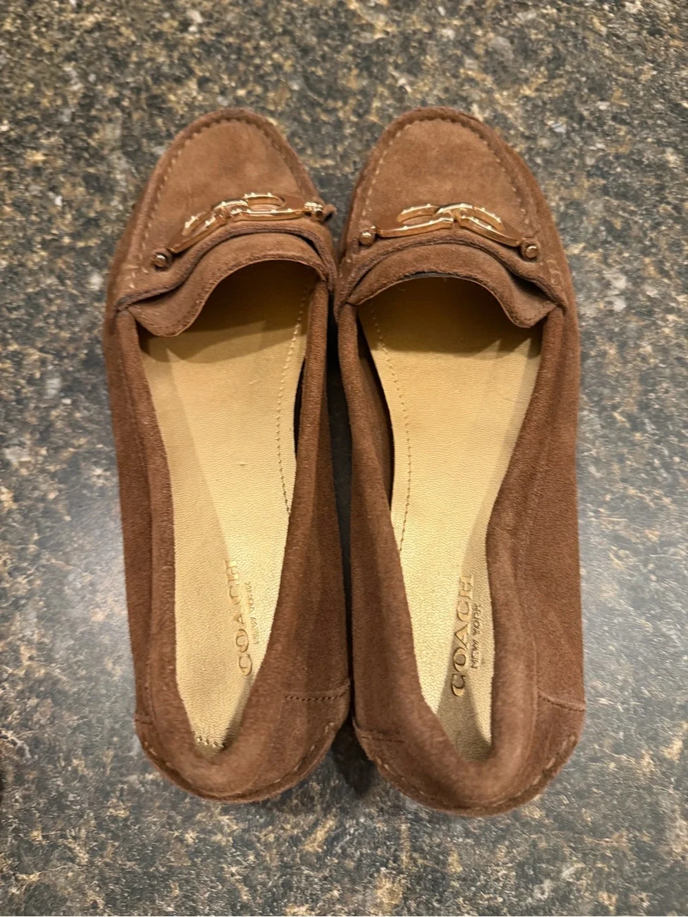 Coach Brown Suede Loafers with Gold Hardware